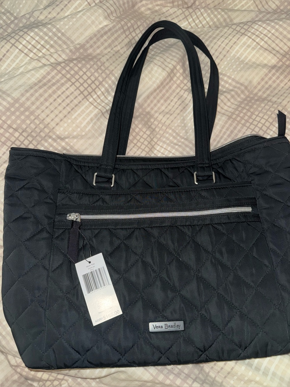Vera Bradley Black Quilted Tote with Front Zip Pocket